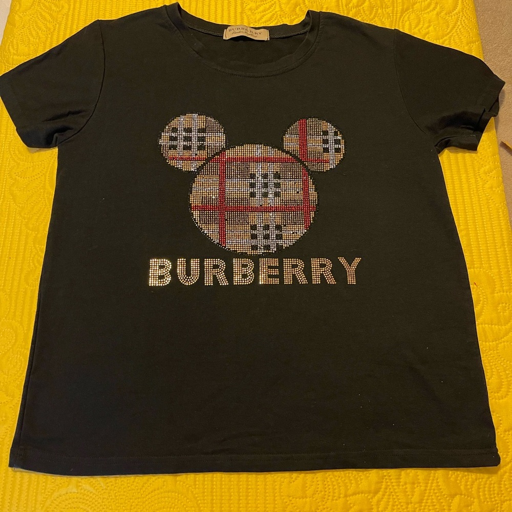 Burberry Black Short Sleeve Tee with Plaid Design